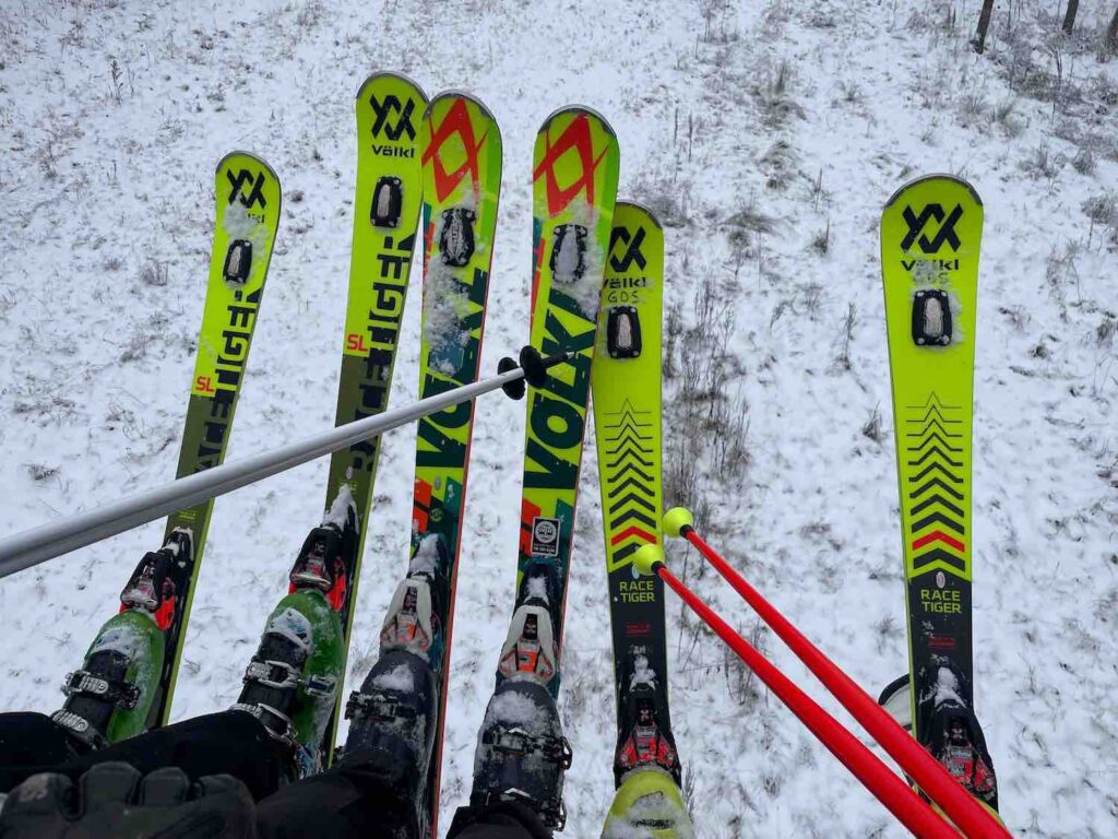 Cleveland Fagowees show off their slalom race skis on the chair