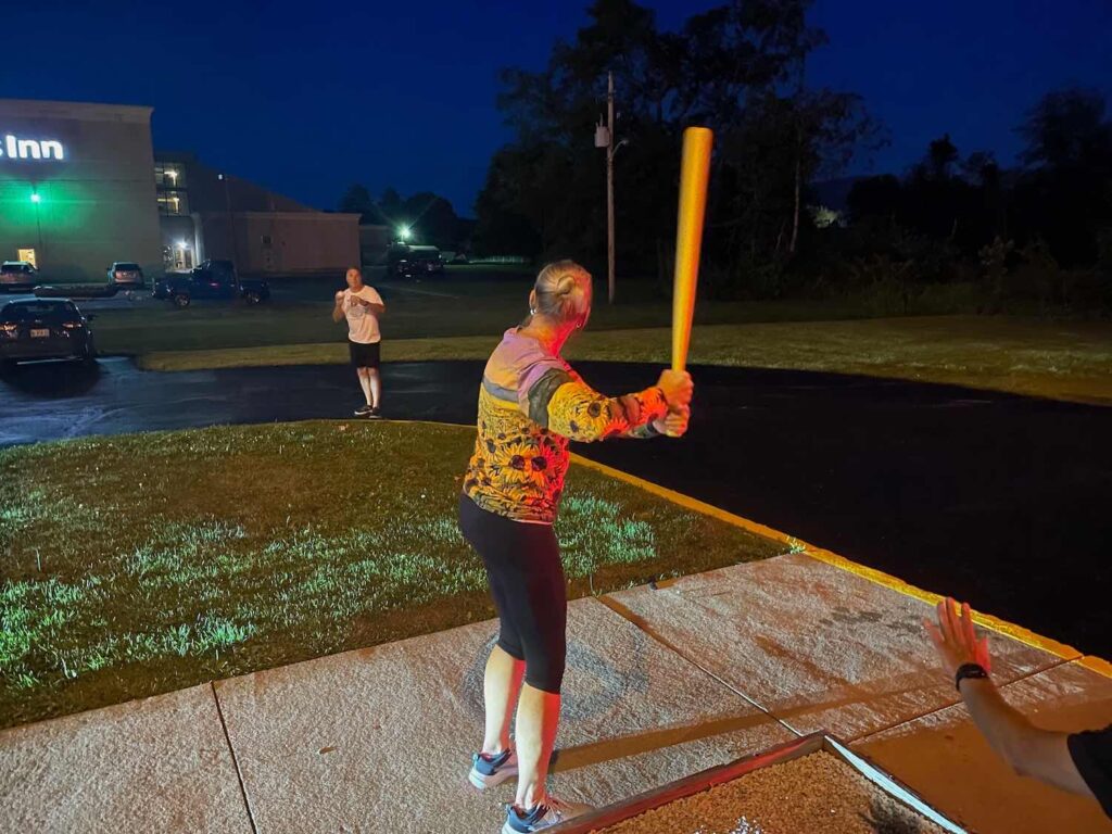An impromptu game of yard ball breaks out for Cleveland Fagowees members on a kayak trip