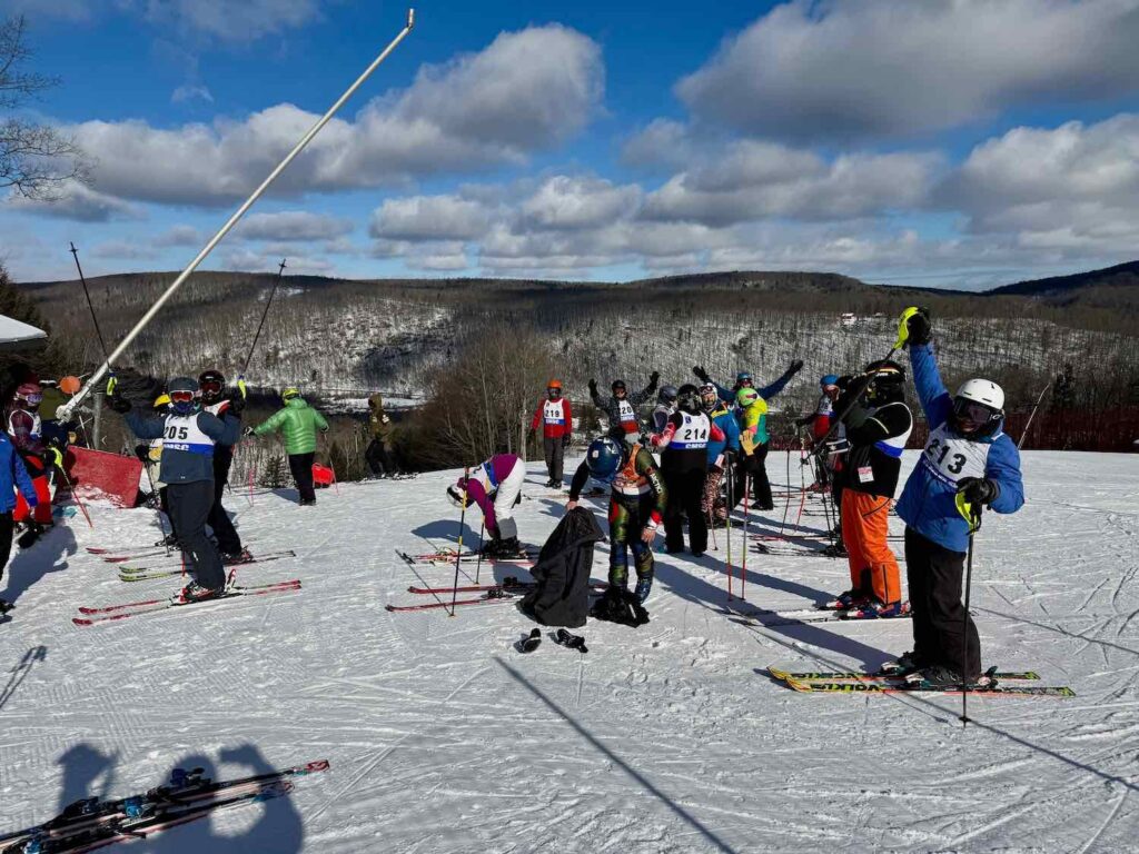 Cleveland Fagowees ski racers get pumped up before a race at Swain